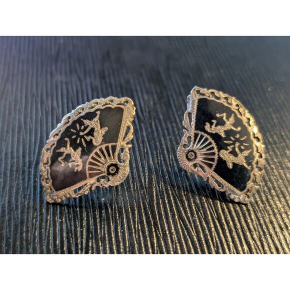Vintage Siam Niello Sterling Silver Black Enamel Fan Screw Back Earrings - Picture 5 of 5